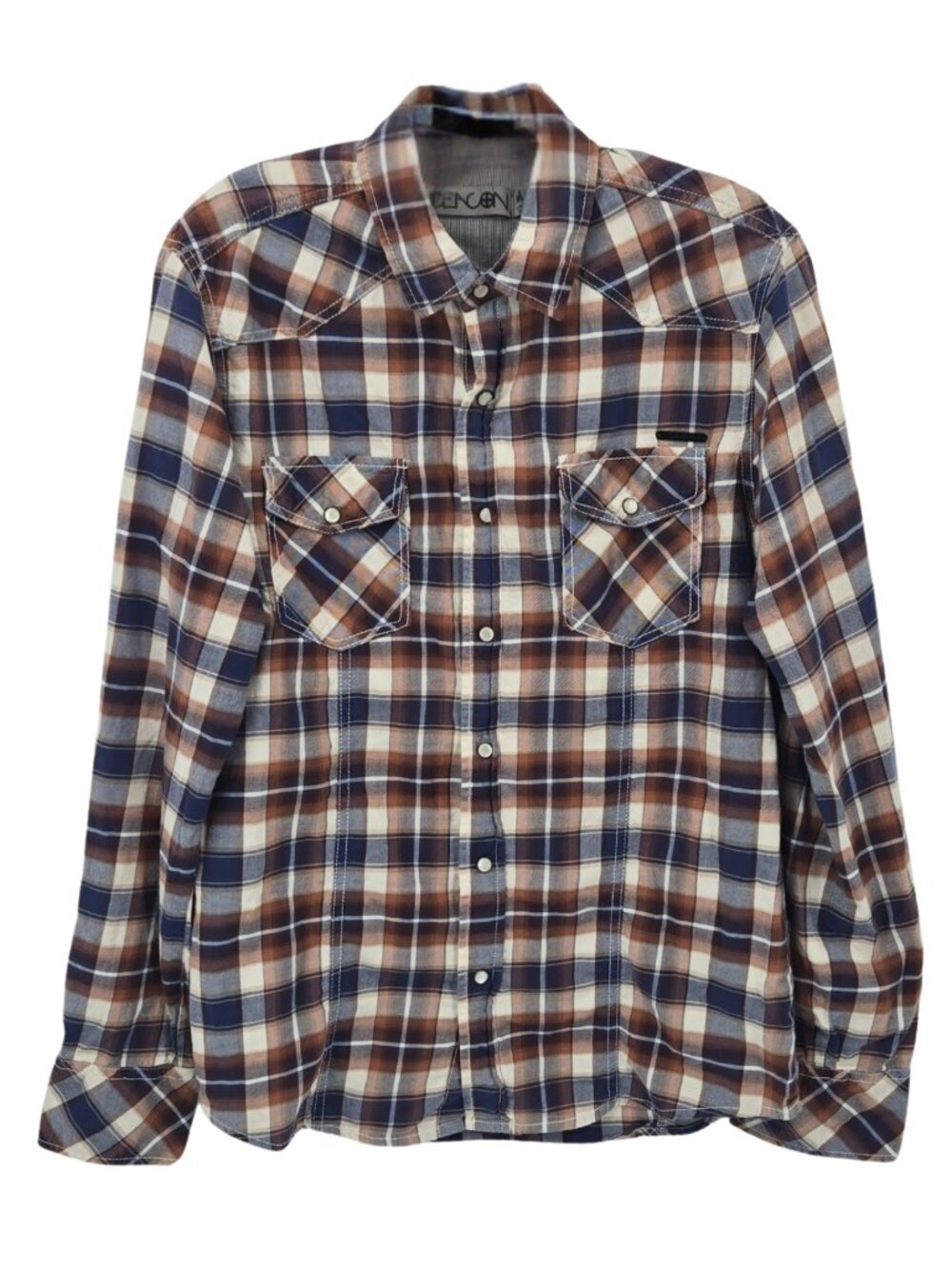 Deacon Mens M Western Pearl Snap Shirt Plaid 100% Cotton Brown Blue Cowboy